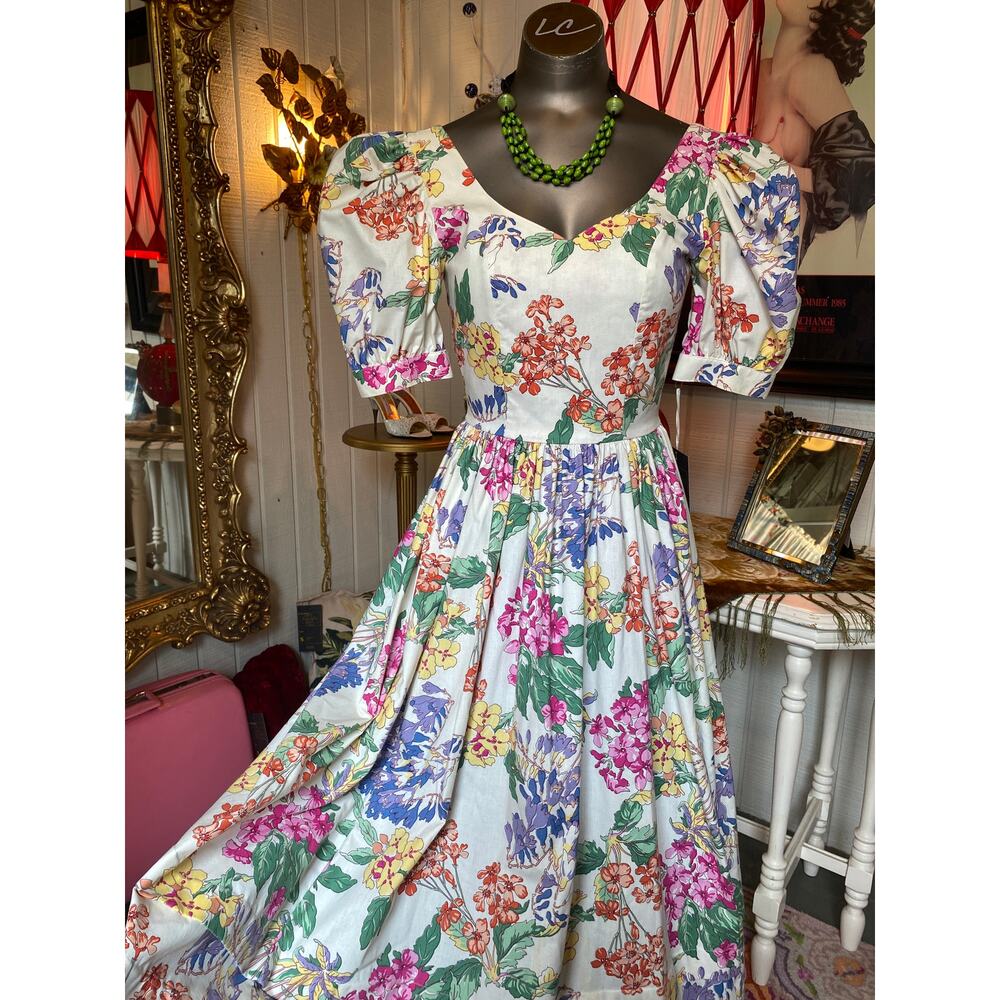 vintage 1980s laura ashley floral cotton dress fit and flare puff sleeves 50s xs - Picture 4 of 11